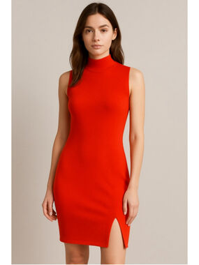House of Harlow 1960 Red Bodycon Midi Dress High Neck Slit Large